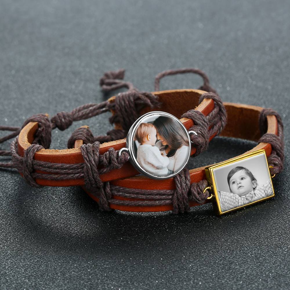 Photocopying Brown Leather Square-shaped Photo Bracelet 14K Gold Plated
