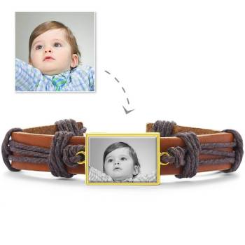 Photocopying Brown Leather Square-shaped Photo Bracelet 14K Gold Plated 