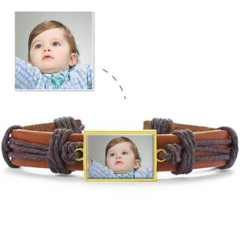 Colorful Brown Leather Square-shaped Photo Bracelet 14K Gold Plated 
