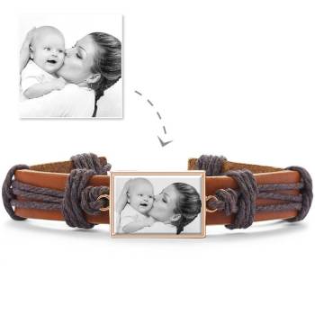 Photocopying Brown Leather Square-shaped Photo Bracelet Rose Gold Plated 