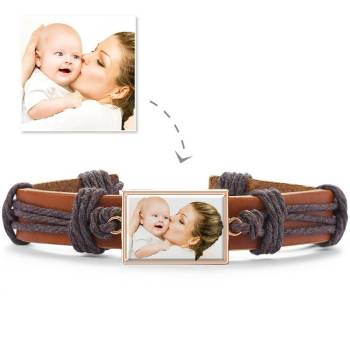 Colorful Brown Leather Square-shaped Photo Bracelet Rose Gold Plated 