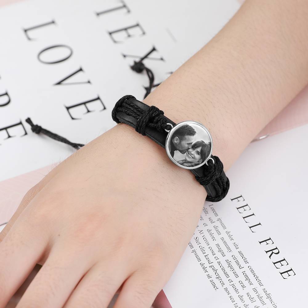 Photocopying Black Leather Round-shaped Photo Bracelet Silver Plated