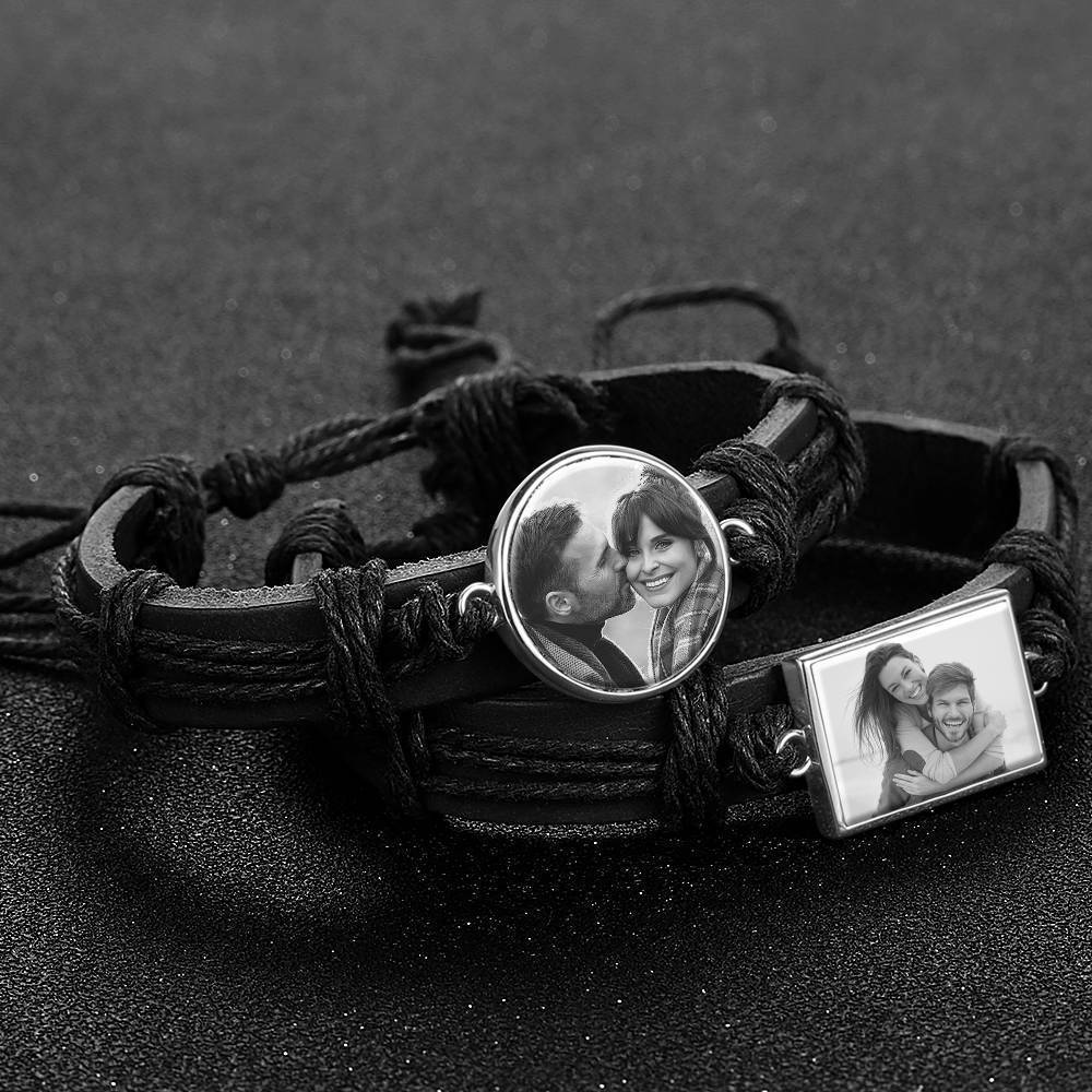 Photocopying Black Leather Round-shaped Photo Bracelet Silver Plated