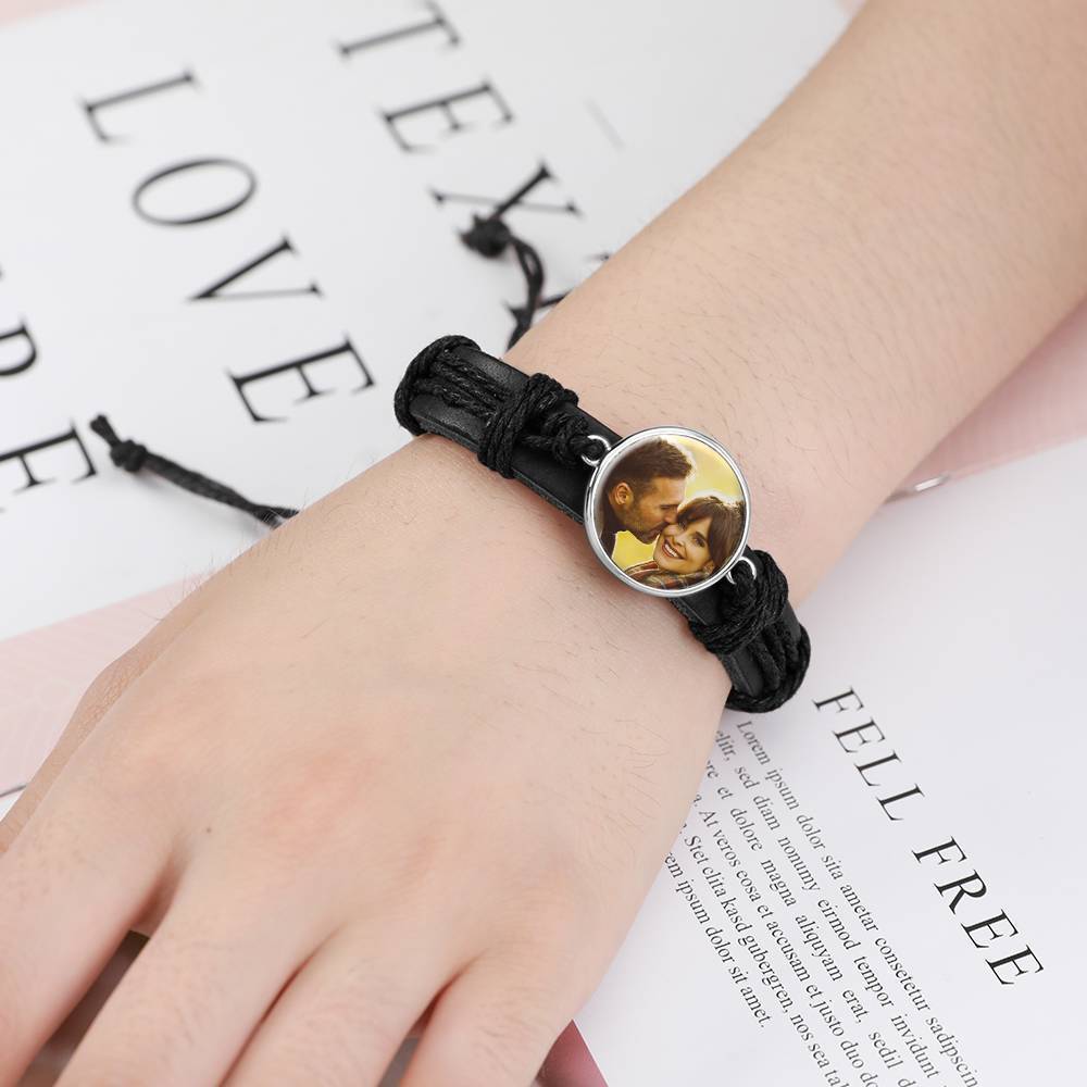 Colorful Black Leather Round-shaped Photo Bracelet Silver Plated