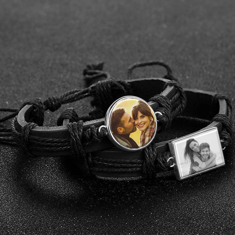 Colorful Black Leather Round-shaped Photo Bracelet Silver Plated