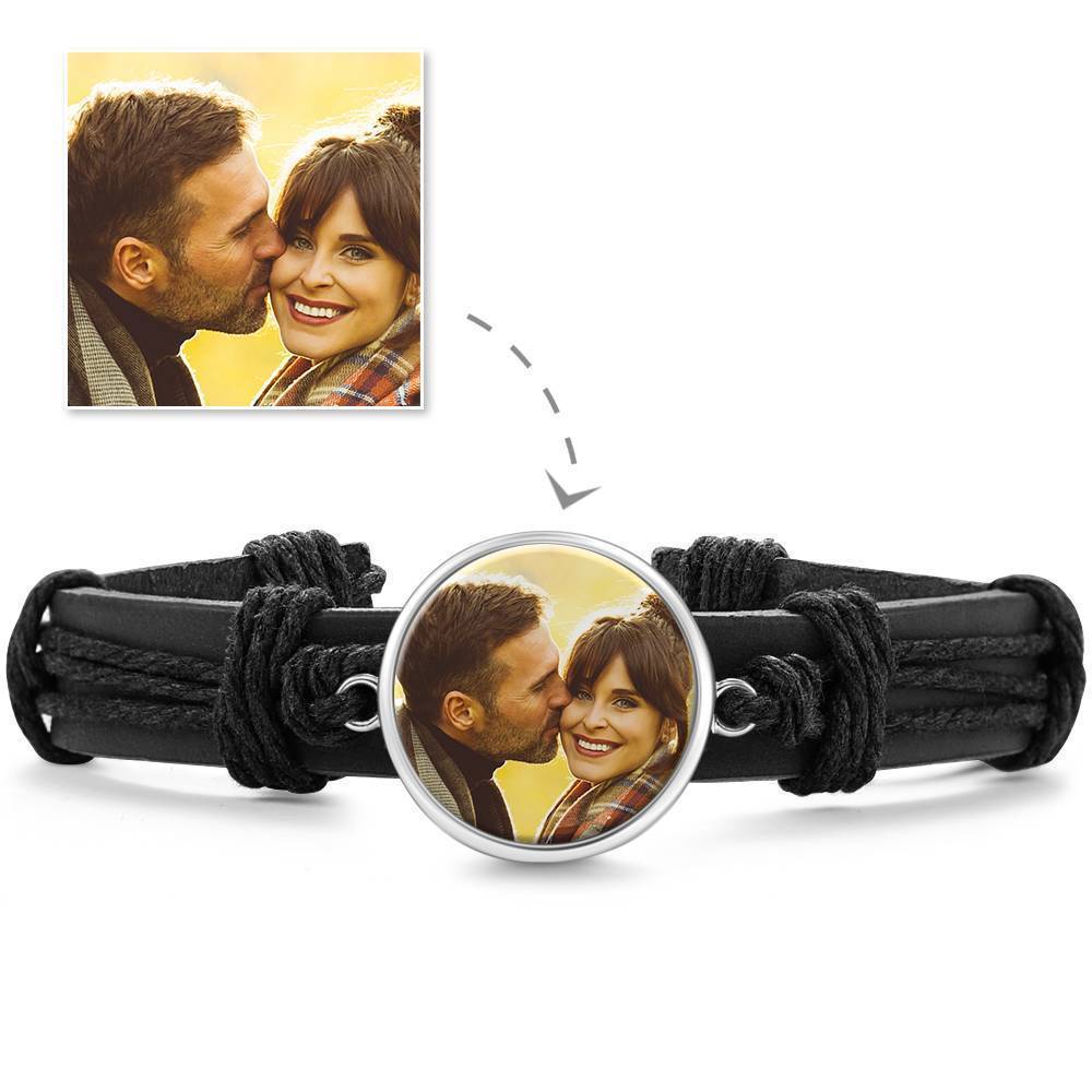 Colorful Black Leather Round-shaped Photo Bracelet Silver Plated