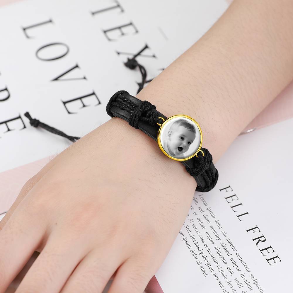 Photocopying Black Leather Round-shaped Photo Bracelet 14K Gold Plated