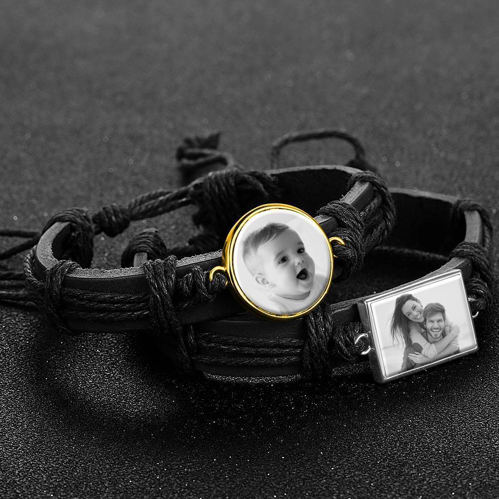 Photocopying Black Leather Round-shaped Photo Bracelet 14K Gold Plated