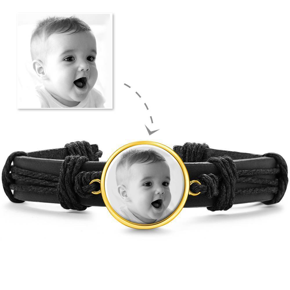 Photocopying Black Leather Round-shaped Photo Bracelet 14K Gold Plated