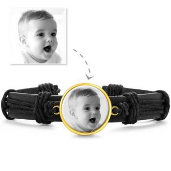 Photocopying Black Leather Round-shaped Photo Bracelet 14K Gold Plated