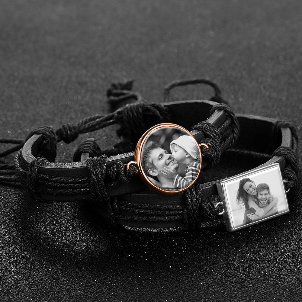Photocopying Black Leather Round-shaped Photo Bracelet Rose Gold Plated