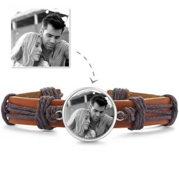 Photocopying Brown Leather Round-shaped Photo Bracelet Silver Plated 
