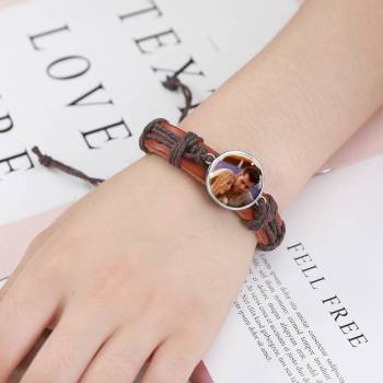 Colorful Brown Leather Round-shaped Photo Bracelet Silver Plated  
