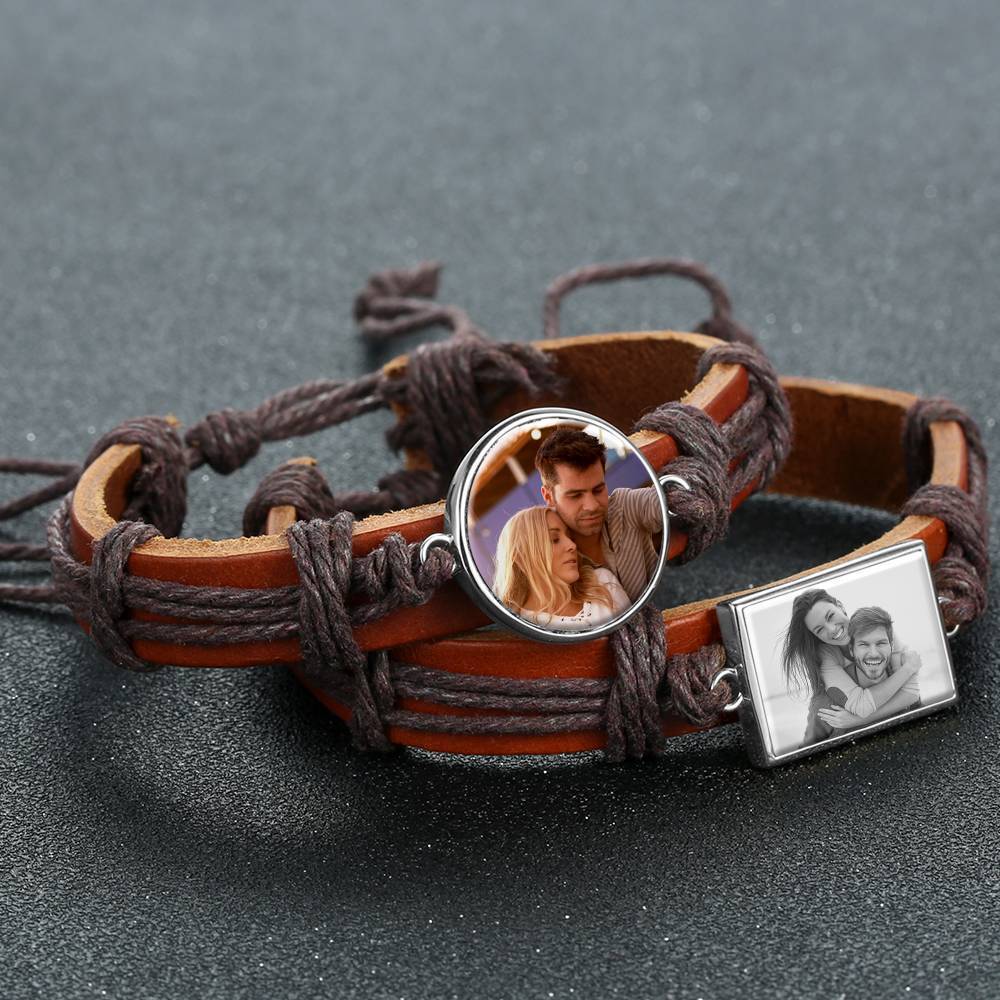 Colorful Brown Leather Round-shaped Photo Bracelet Silver Plated