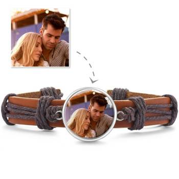 Colorful Brown Leather Round-shaped Photo Bracelet Silver Plated  