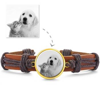 Photocopying Brown Leather Round-shaped Photo Bracelet 14K Gold Plated