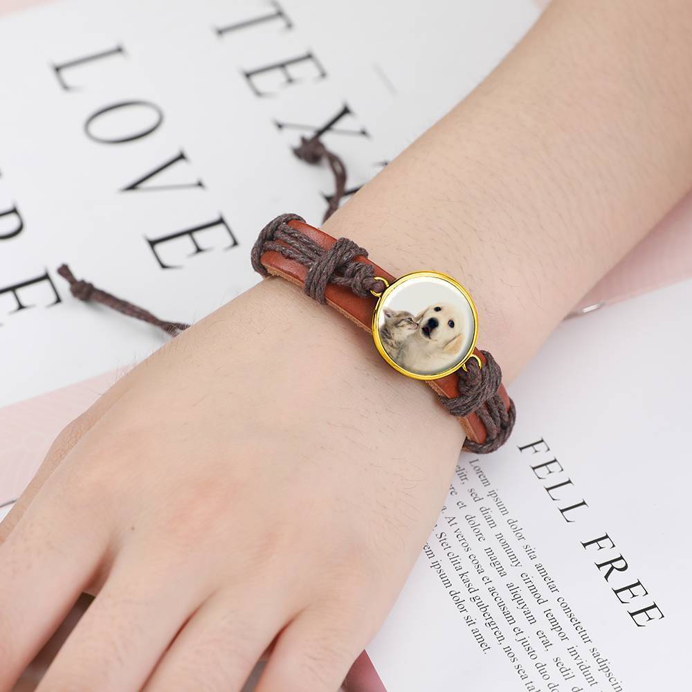Colorful Brown Leather Round-shaped Photo Bracelet 14K Gold Plated