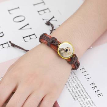 Colorful Brown Leather Round-shaped Photo Bracelet 14K Gold Plated 