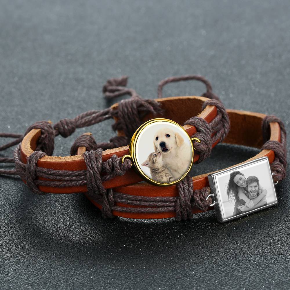 Colorful Brown Leather Round-shaped Photo Bracelet 14K Gold Plated