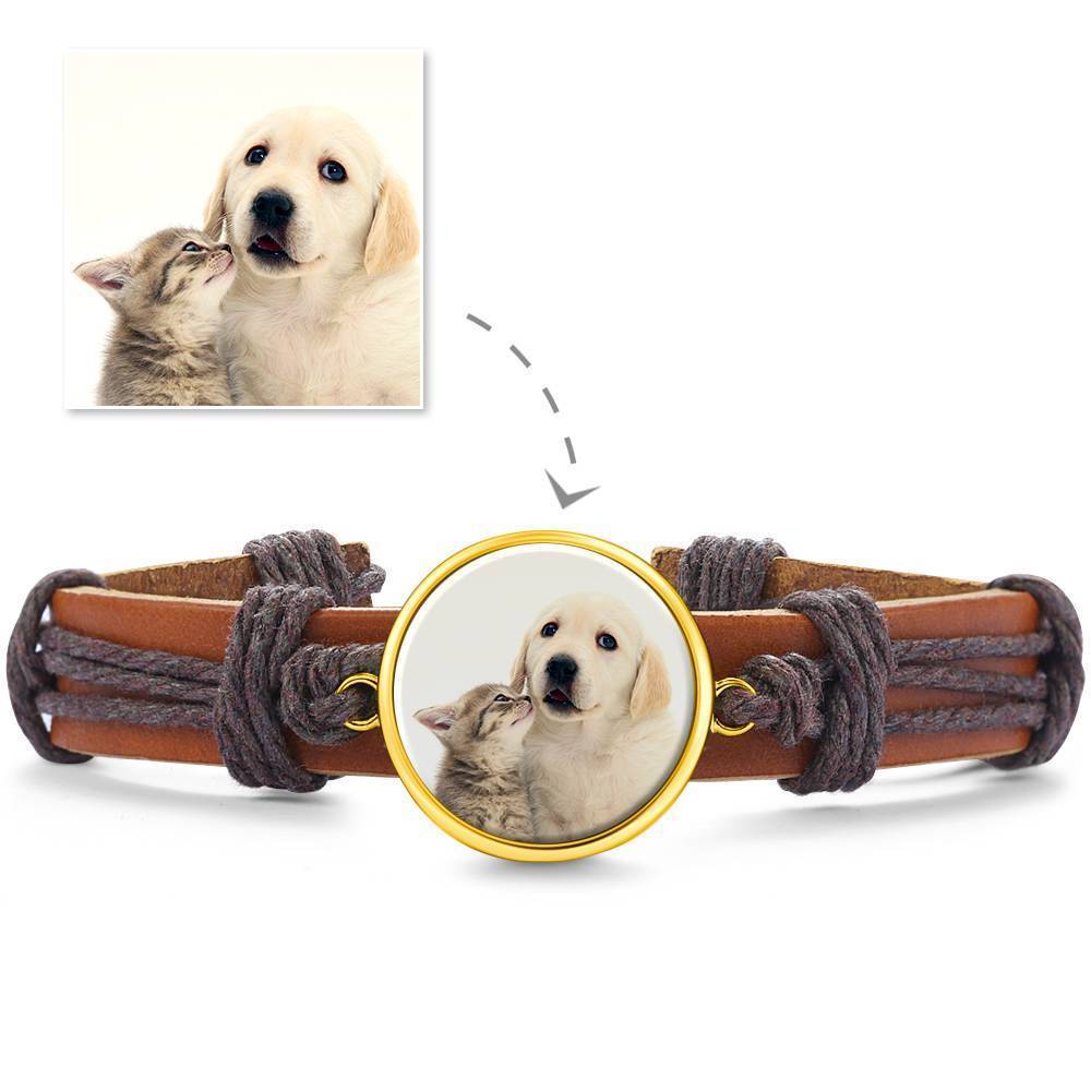 Colorful Brown Leather Round-shaped Photo Bracelet 14K Gold Plated