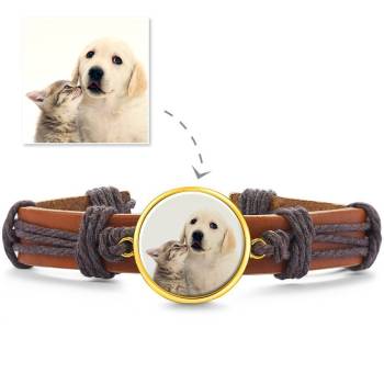 Colorful Brown Leather Round-shaped Photo Bracelet 14K Gold Plated 