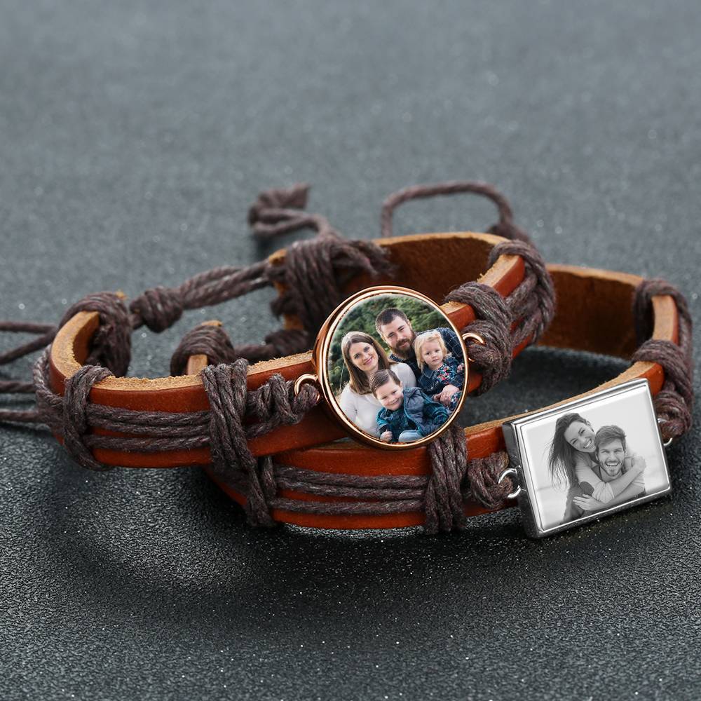 Colorful Brown Leather Round-shaped Photo Bracelet Rose Gold Plated 