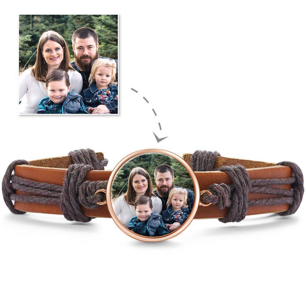Colorful Brown Leather Round-shaped Photo Bracelet Rose Gold Plated 
