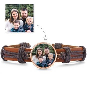 Colorful Brown Leather Round-shaped Photo Bracelet Rose Gold Plated 