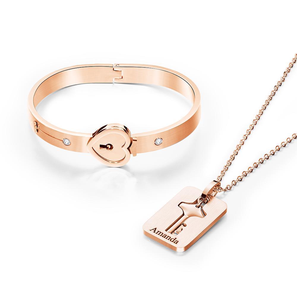 Benutzerdefinierte Gravierte Concentric Lock Armband Schlüssel Halskette Paar Geschenke - ihrenamenskettede