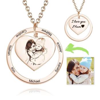 Fotogravierte Halskette Herz In Rundem Anhänger, Familienhalskette Rose Vergoldet - Rose Gold