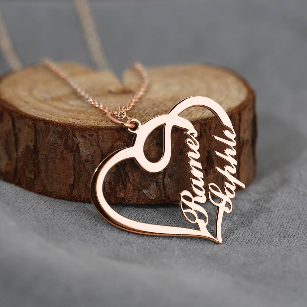 Overlapping Heart Two Name Necklace Rose Gold Plated