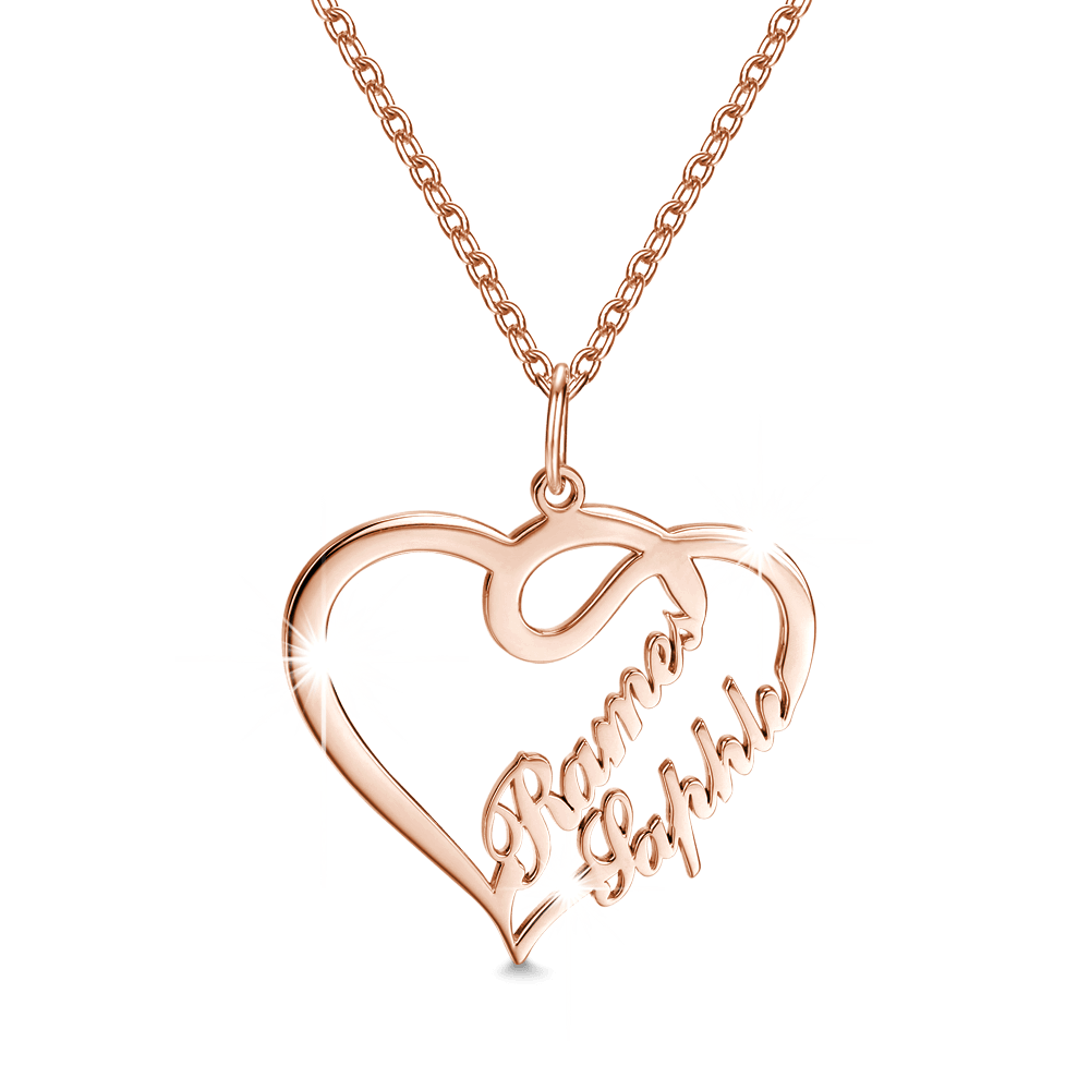 Overlapping Heart Two Name Necklace Rose Gold Plated