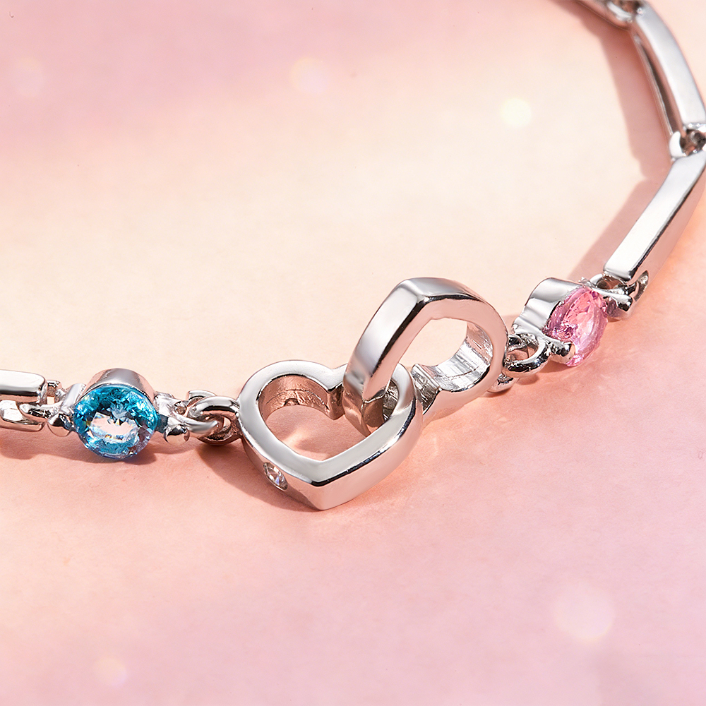 Custom Engraved Double-Heart Bracelet with Two Birthstones Personalized Keepsake for Grandmother & Grandchild