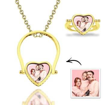 Foto-Halskette, Foto Ring Geschenke Dual-Use (Ring Größe 7#) 14K Gold Plattiert