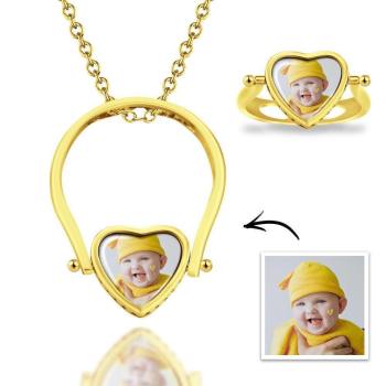 Foto Halskette, Foto Ring Couple'S Gifts Dual-Use (Ring Größe 8#) 14K Gold Plattiert