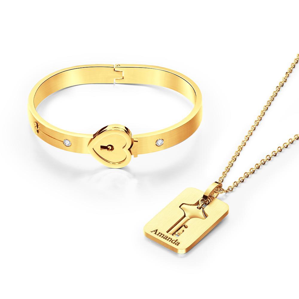 Benutzerdefinierte Gravierte Concentric Lock Armband Schlüssel Halskette Paar Geschenke - ihrenamenskettede