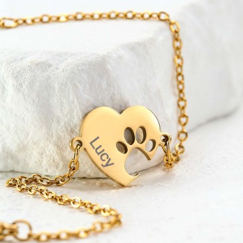 Personalized Heart Paw Print Bracelet – Custom Pet Name Jewelry for Pet Lovers