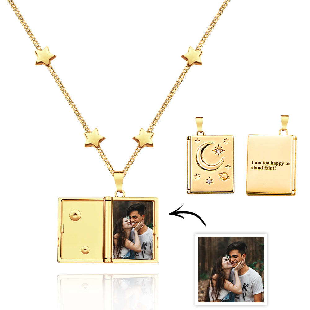 Personalisierte Foto-medaillon-halskette, Modischer Stern-mond-element-anhänger, Liebesgeschenk - ihrenamenskettede