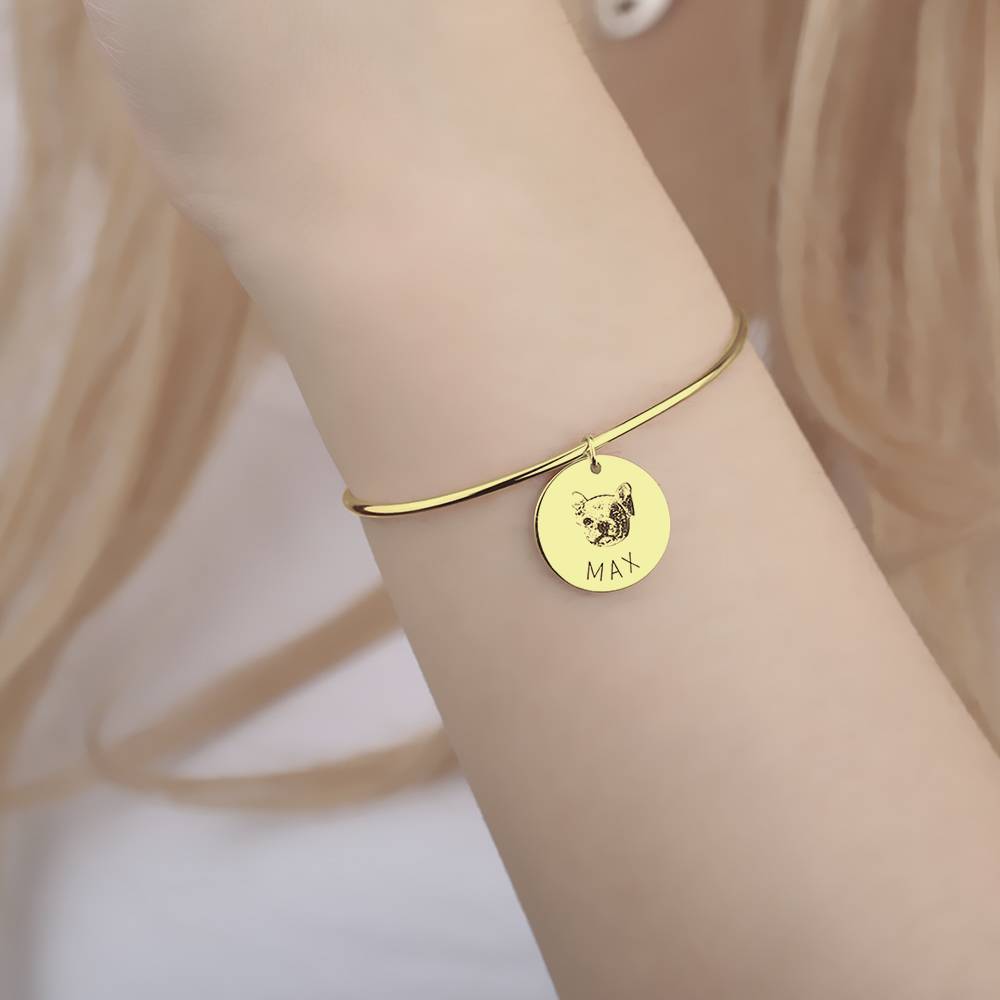 Portrait Photo Bangle with Engraving Round Shape 14K Gold Plated