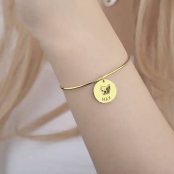 Portrait Photo Bangle with Engraving Round Shape 14K Gold Plated 