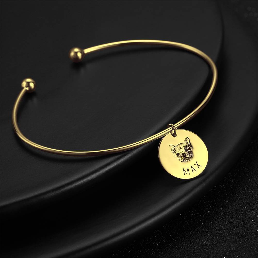 Portrait Photo Bangle with Engraving Round Shape 14K Gold Plated