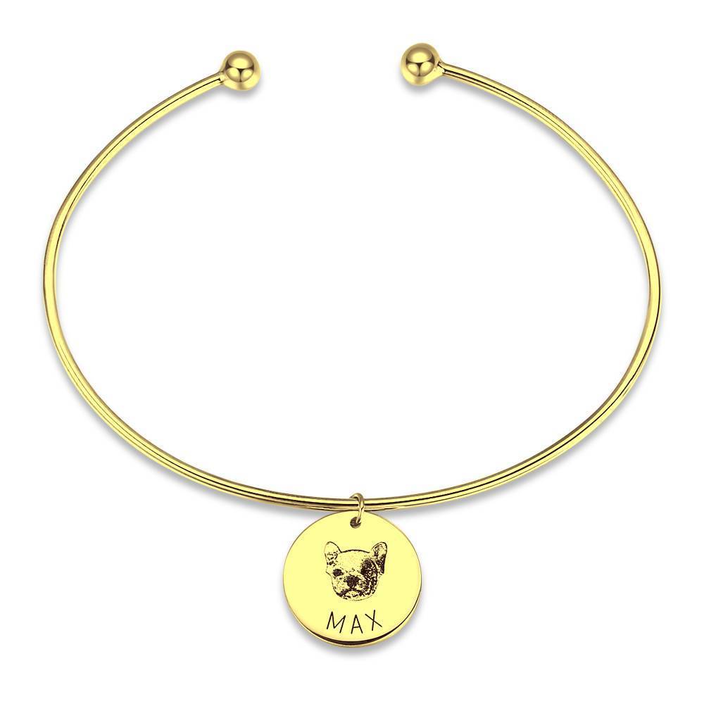 Portrait Photo Bangle with Engraving Round Shape 14K Gold Plated