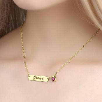 Hohl Geschnitzt Bar Name Halskette Mit Benutzerdefinierten Birthstone, Einzigartiges Geschenk 14K Gold Plattiert - Golden