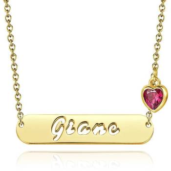 Hollow Carved Bar Name Necklace with Heart-shaped Birthstone 14K Gold Plated 