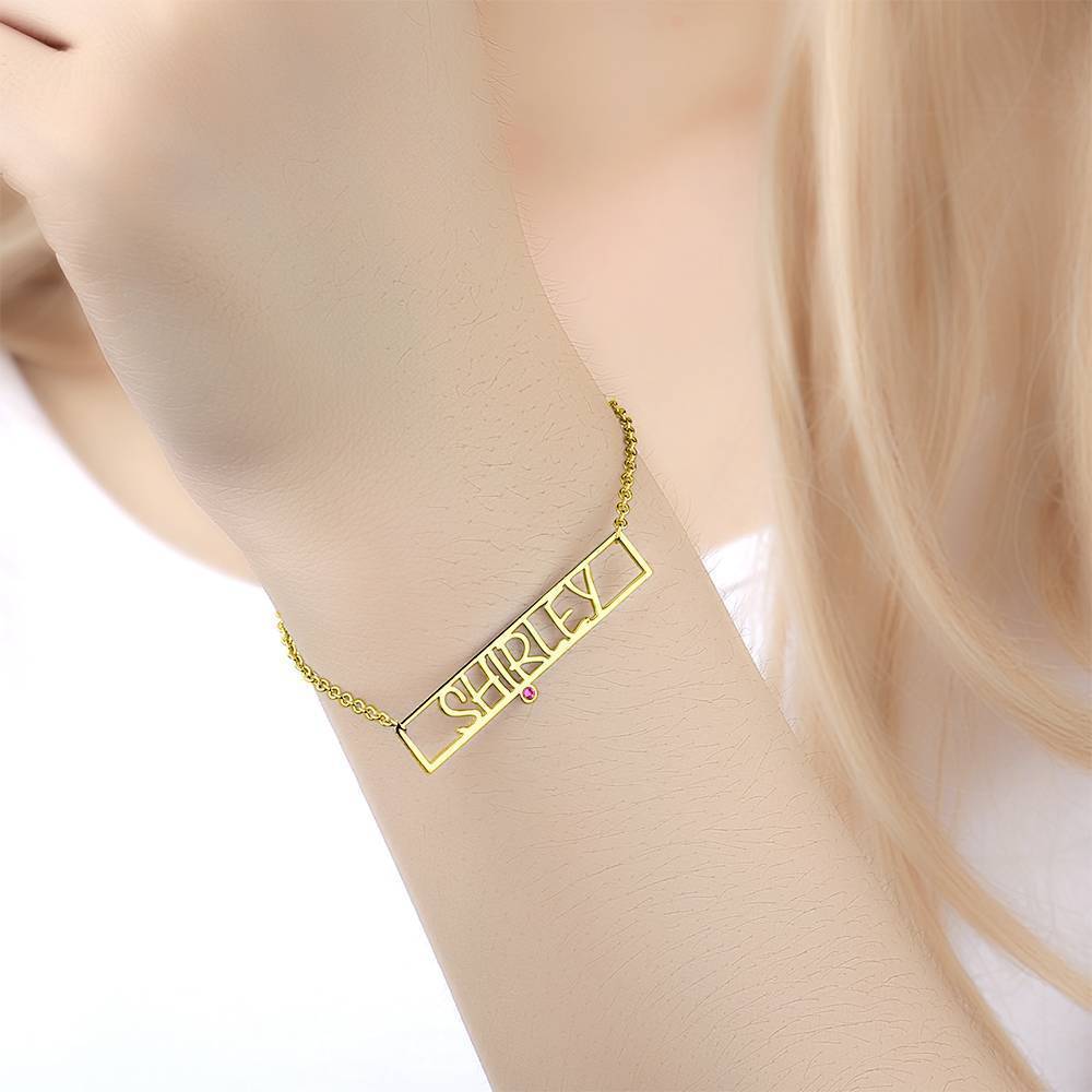 Hollow Carved Bar Name Bracelet with Custom Birthstone 14K Gold Plated