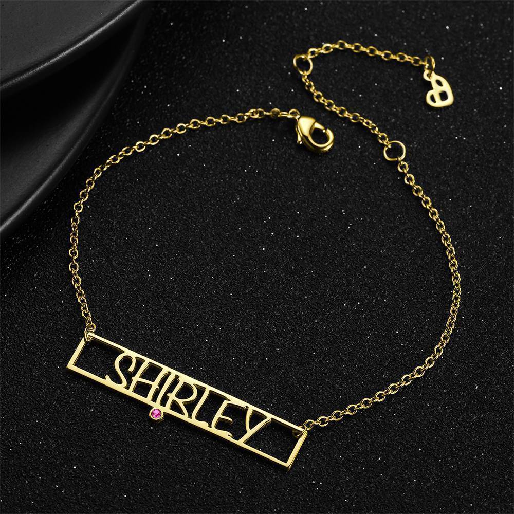 Hollow Carved Bar Name Bracelet with Custom Birthstone 14K Gold Plated
