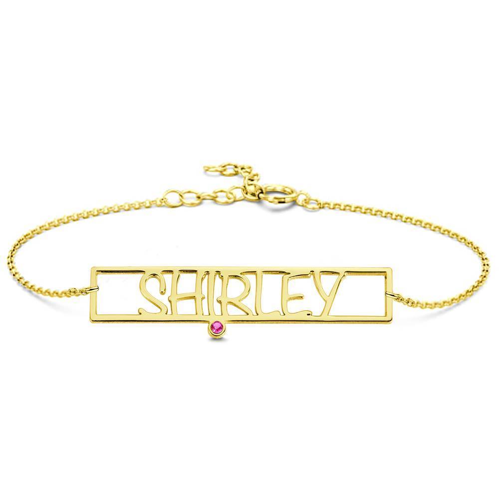 Hollow Carved Bar Name Bracelet with Custom Birthstone 14K Gold Plated