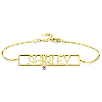 Hollow Carved Bar Name Bracelet with Custom Birthstone 14K Gold Plated 