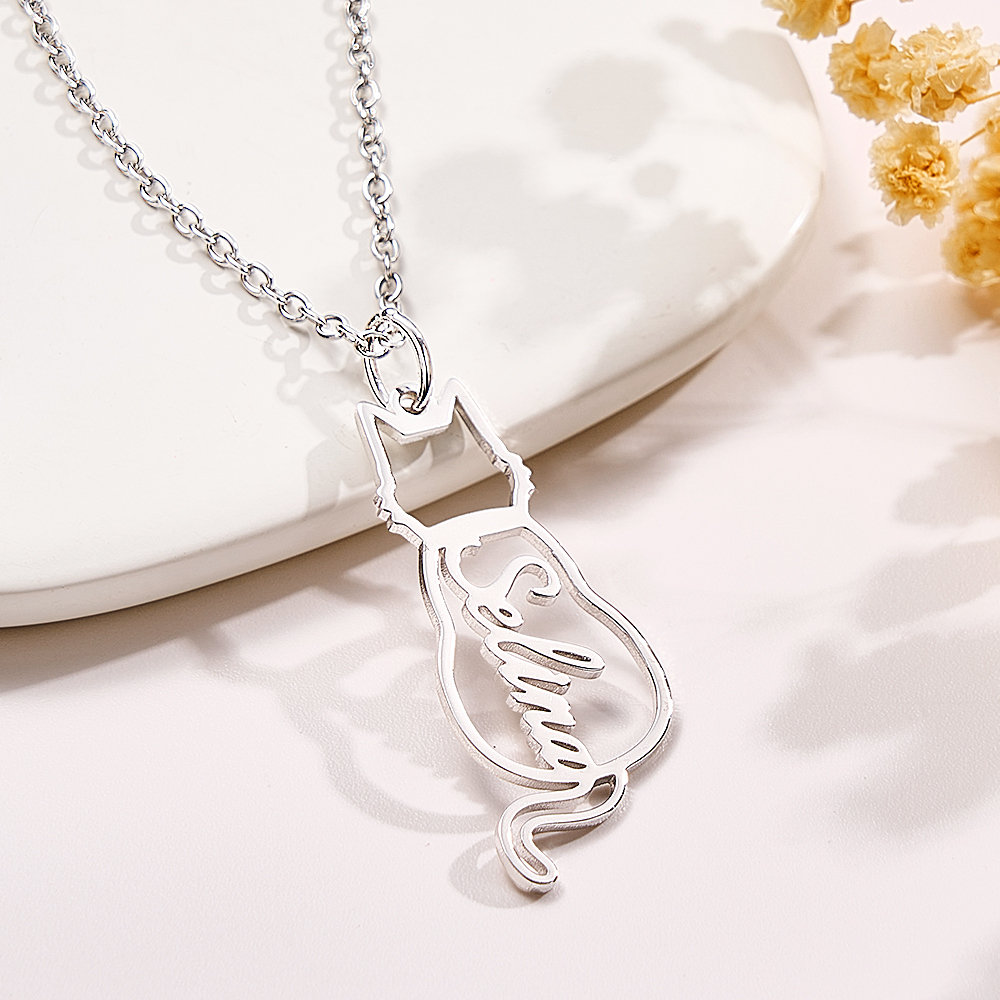 Personalisierte Katzenhalskette, Individuelle Glückskatzen-namenskette, Gravierter Name, Glückskatzen-anhänger, Geschenke Für Sie - namenecklacede