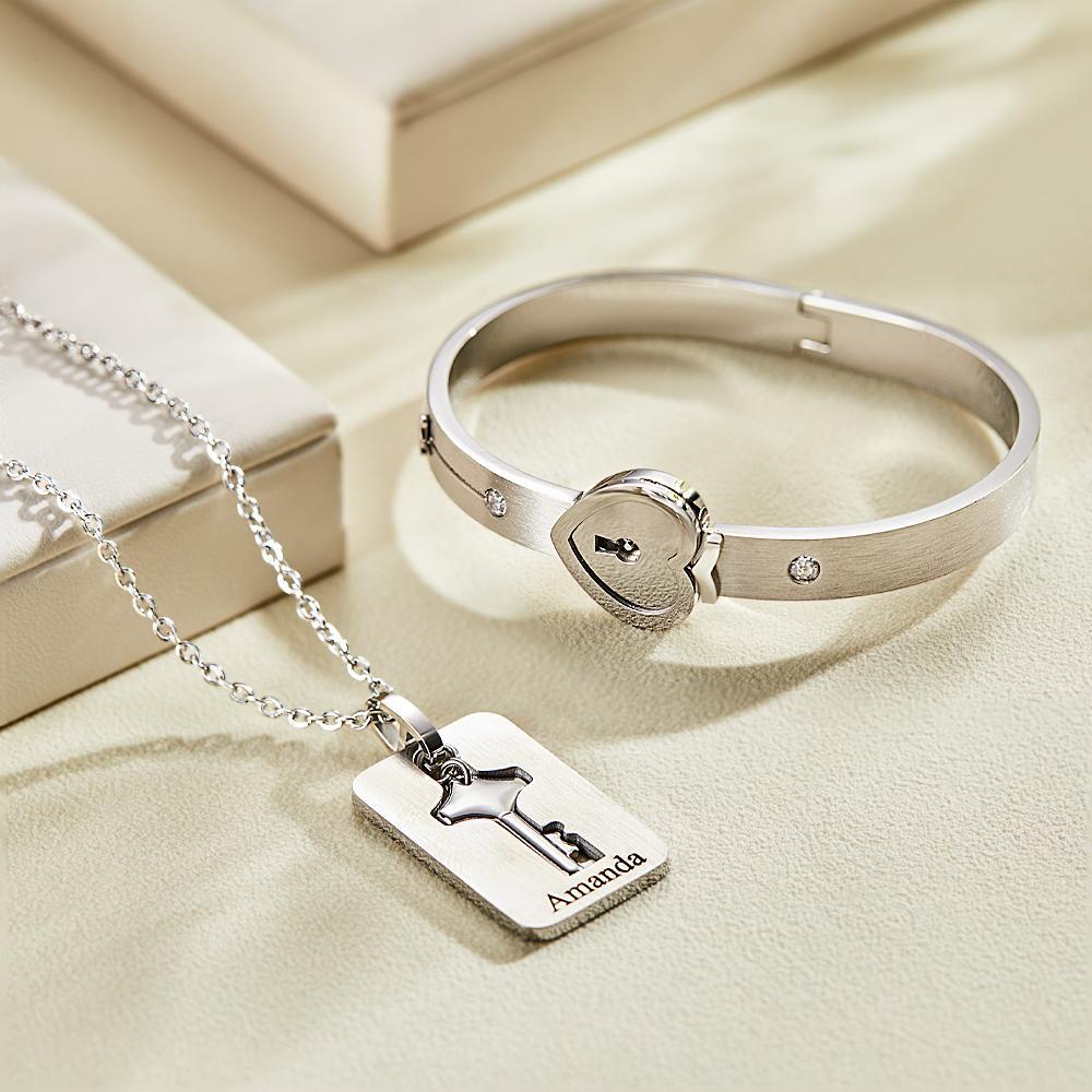 Benutzerdefinierte Gravierte Concentric Lock Armband Schlüssel Halskette Paar Geschenke - ihrenamenskettede
